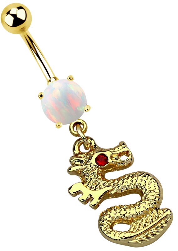 Bild von Bauchnabel Piercing Banane golderner Drache mit 8 mm Opal